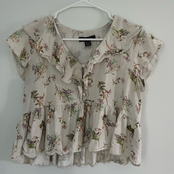 Primark Floral Ruffle Detail Peplum Short Blouse Linen Blend Top Size 4 Boho - Picture 1 of 7